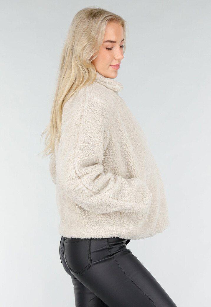 Beige Teddy Jas met Zachte Fleece Textuur en Opstaande Kraag