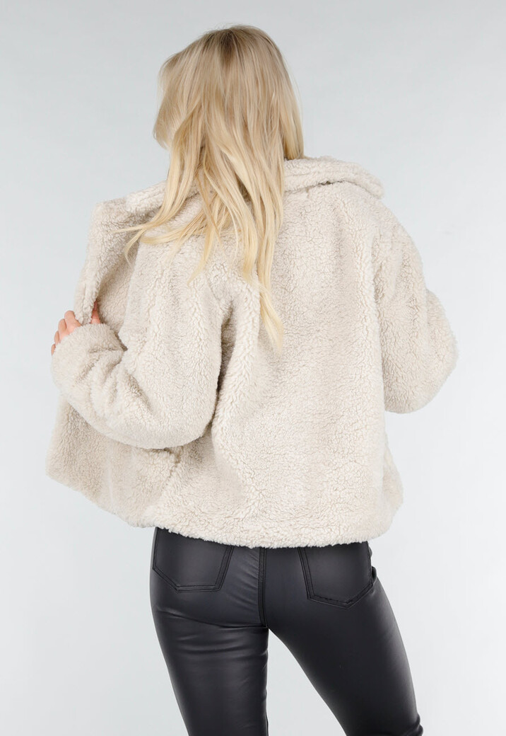 Beige Teddy Jas met Zachte Fleece Textuur en Opstaande Kraag