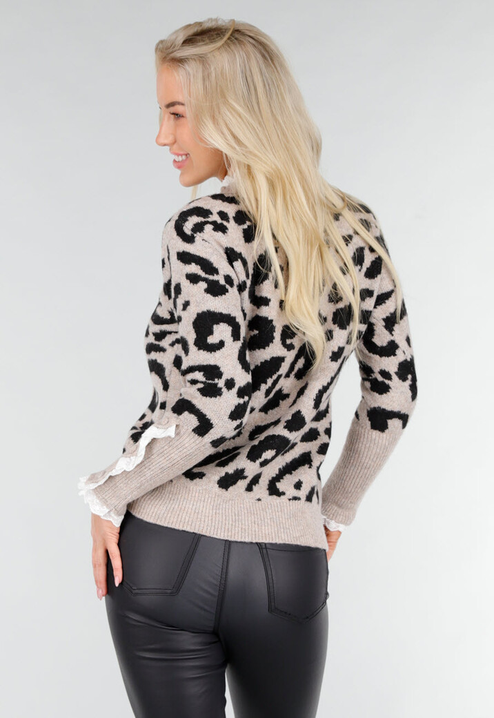 Gebreide Trui met Panterprint en Kantdetails aan Hals en Mouwen
