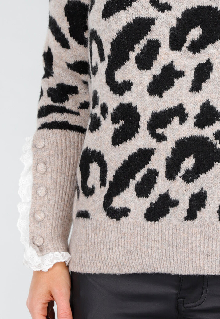 Gebreide Trui met Panterprint en Kantdetails aan Hals en Mouwen