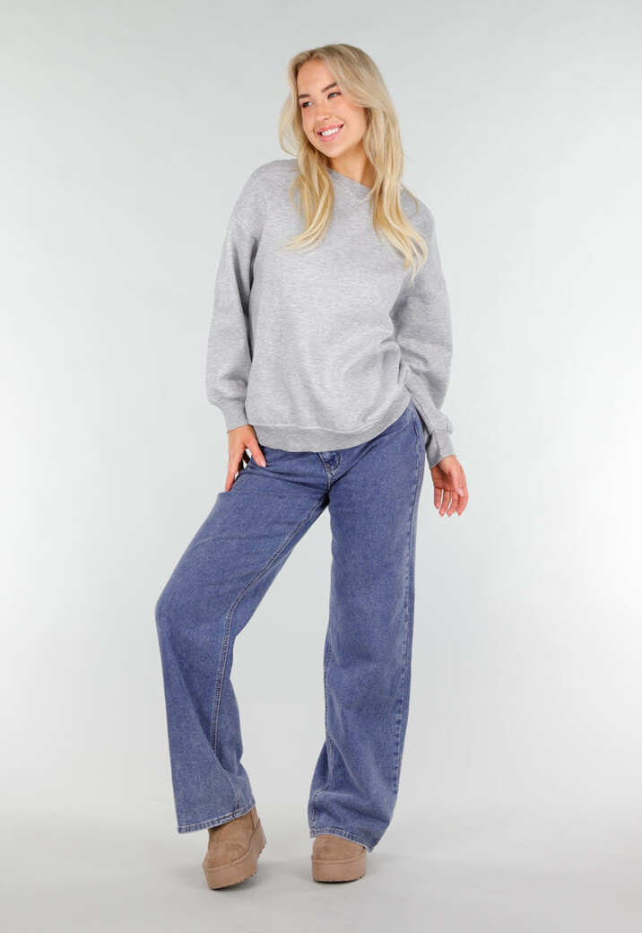 Grijze Oversized Sweater met Ronde Hals en Lange Mouwen