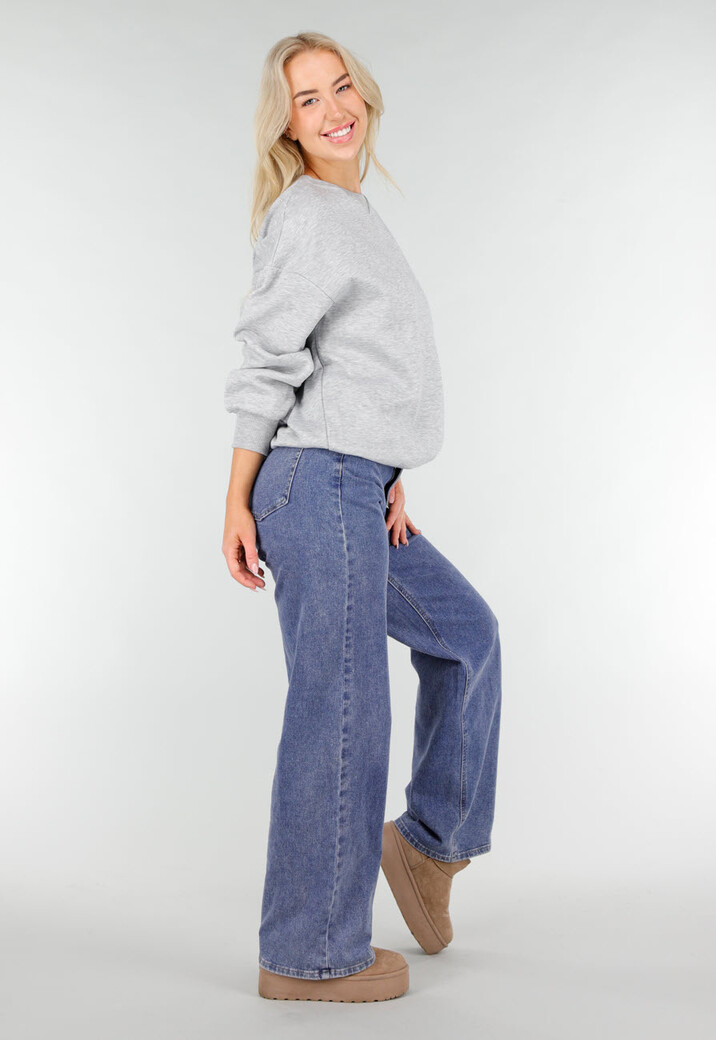Grijze Oversized Sweater met Ronde Hals en Lange Mouwen