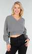 Grijze Gebreide Overslagtrui met V-hals en Elastische Tailleband