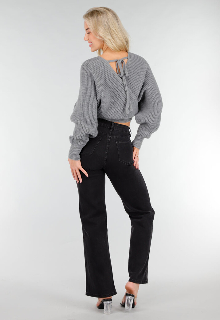 Grijze Gebreide Overslagtrui met V-hals en Elastische Tailleband