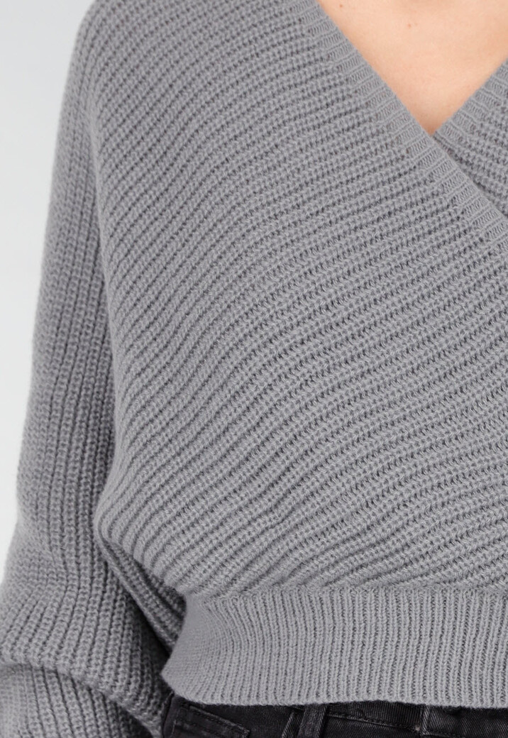 Grijze Gebreide Overslagtrui met V-hals en Elastische Tailleband