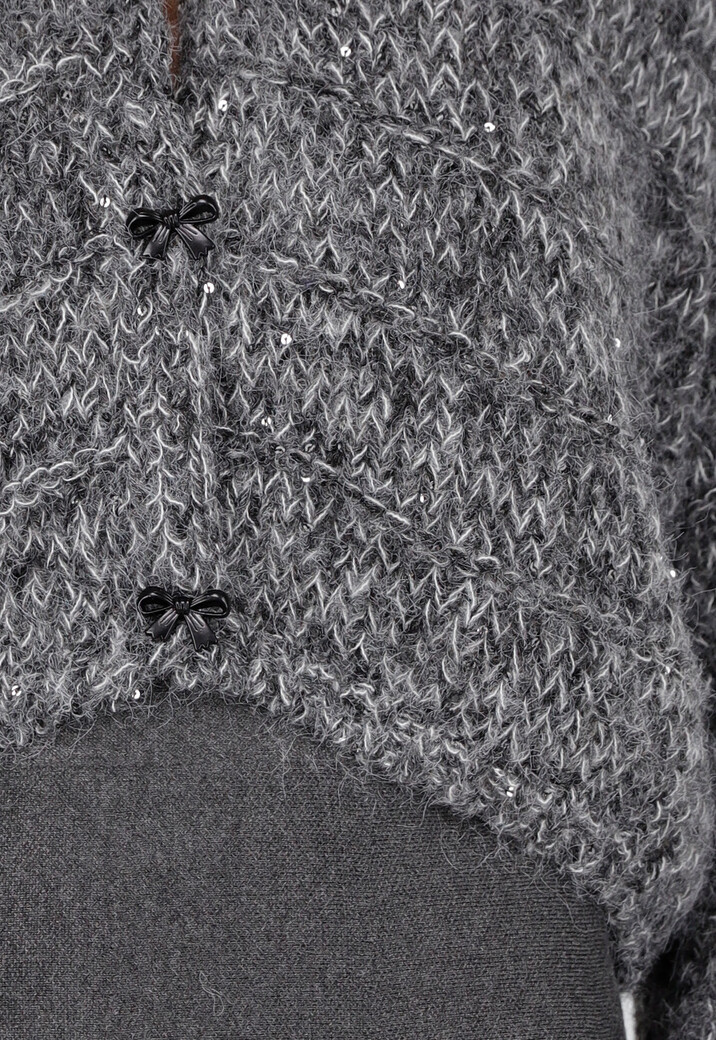 Donkergrijs Gebreid Vest met Strikknopen en Subtiele Glansdetails