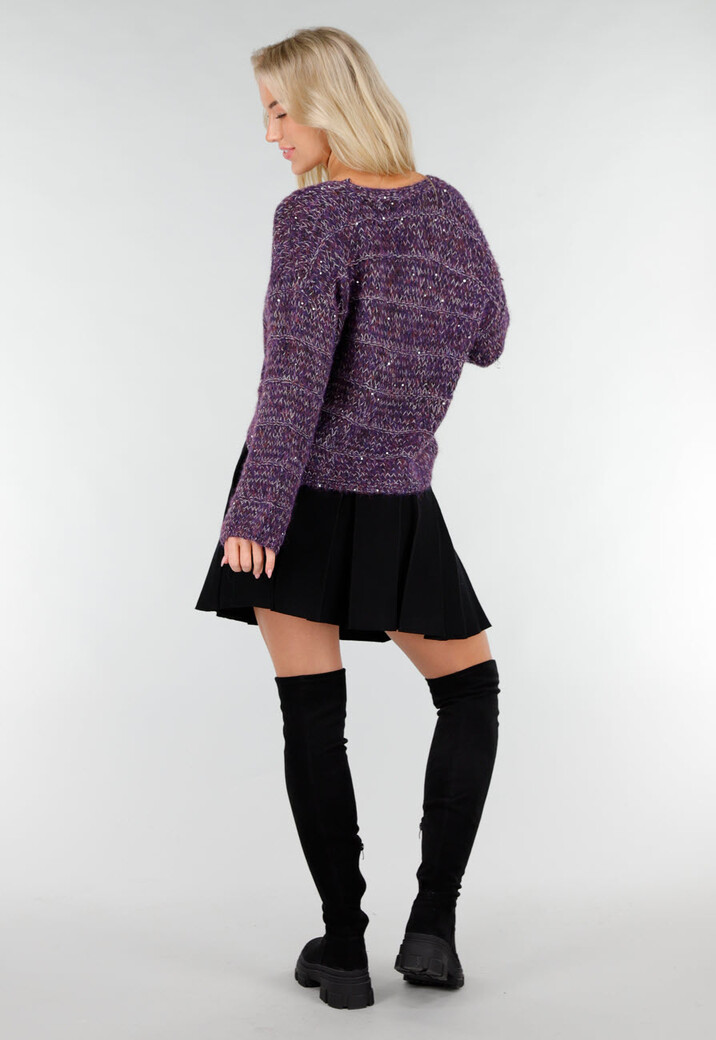 Paars Gebreid Vest met Strikknopen en Lurexdraad