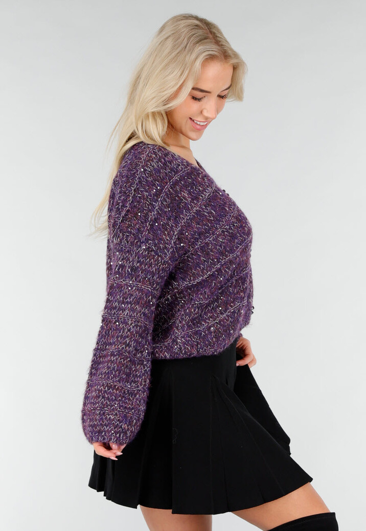 Paars Gebreid Vest met Strikknopen en Lurexdraad