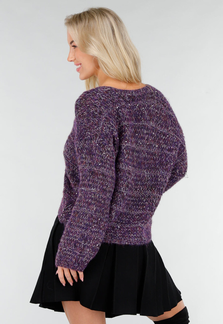 Paars Gebreid Vest met Strikknopen en Lurexdraad