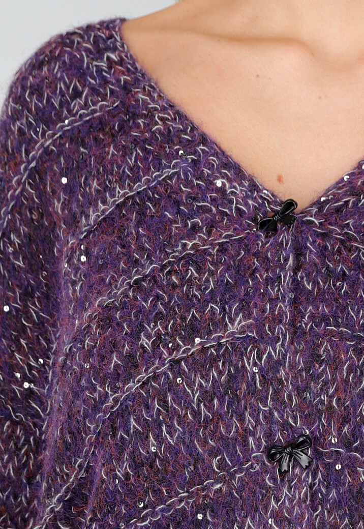 Paars Gebreid Vest met Strikknopen en Lurexdraad