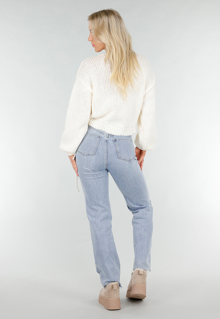 Crèmekleurige Gebreide Overslagtrui met V-Hals en Geribde Boorden