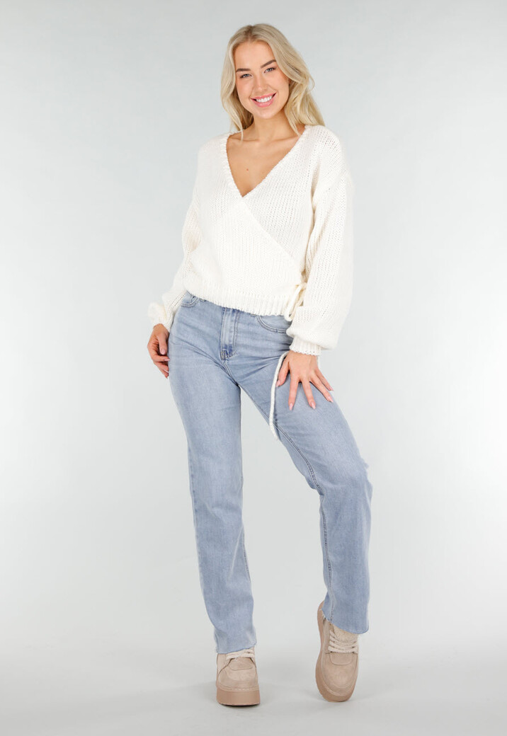 Crèmekleurige Gebreide Overslagtrui met V-Hals en Geribde Boorden