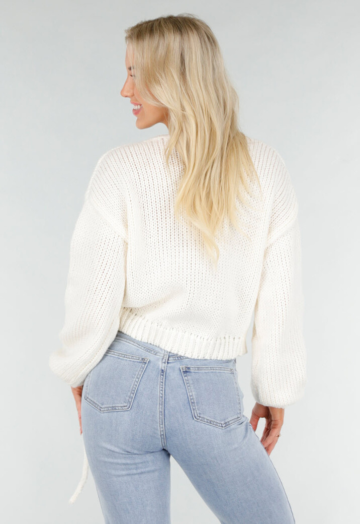 Crèmekleurige Gebreide Overslagtrui met V-Hals en Geribde Boorden