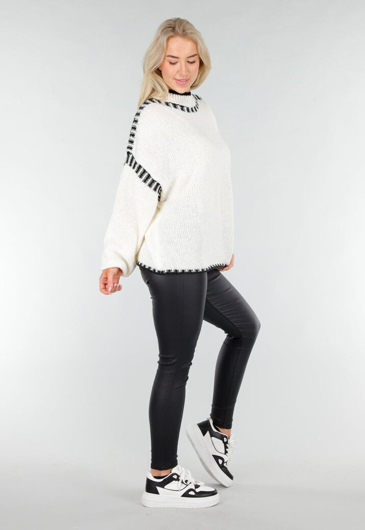 Crèmekleurige Gebreide Trui met Hoge Hals en Zwarte Randdetails