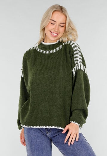 Groene Gebreide Trui met Witte Details