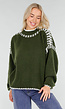 Groene Gebreide Trui met Hoge Hals en Witte Randdetails
