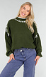 Groene Gebreide Trui met Hoge Hals en Witte Randdetails