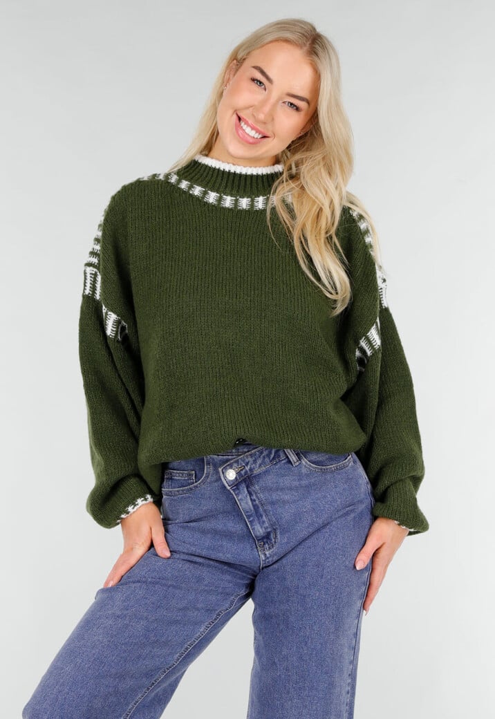 Groene Gebreide Trui met Hoge Hals en Witte Randdetails