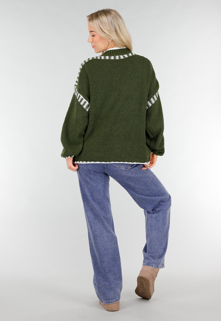 Groene Gebreide Trui met Hoge Hals en Witte Randdetails