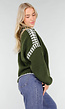 Groene Gebreide Trui met Hoge Hals en Witte Randdetails