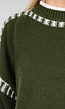 Groene Gebreide Trui met Hoge Hals en Witte Randdetails