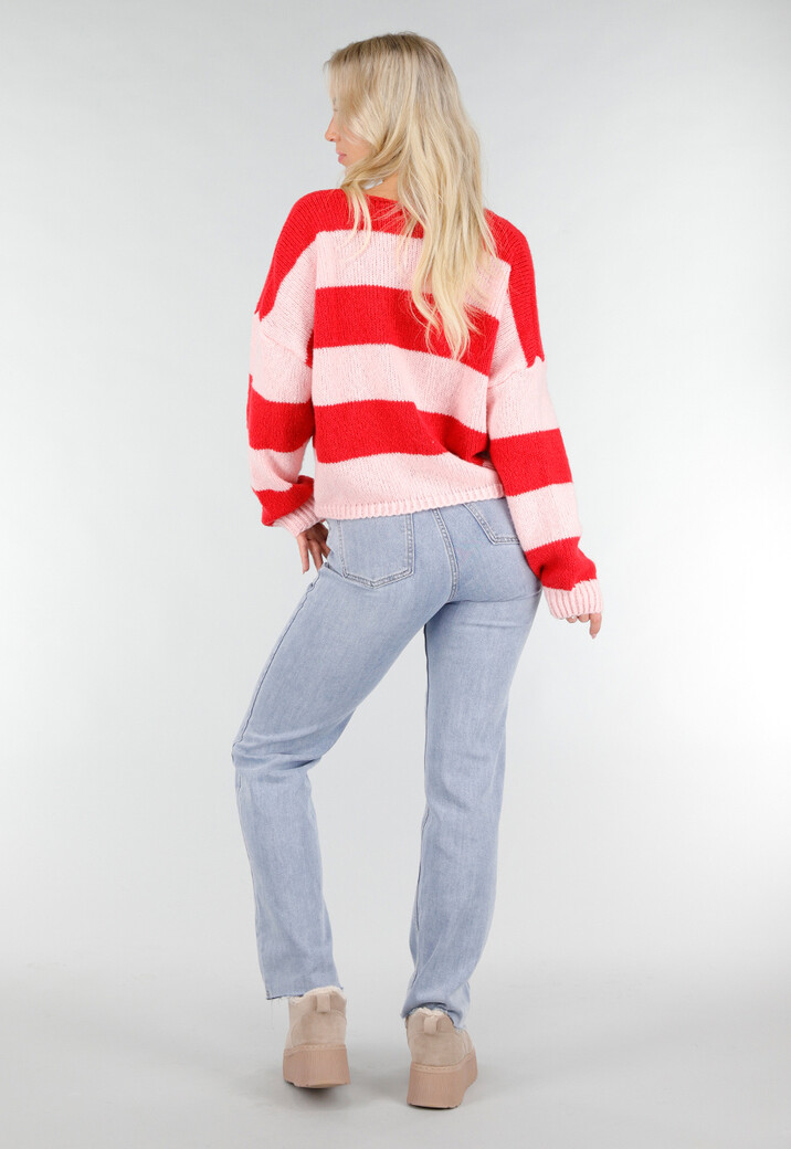 Roze Rood Gestreept Vest met Striksluiting en Losvallende Pasvorm