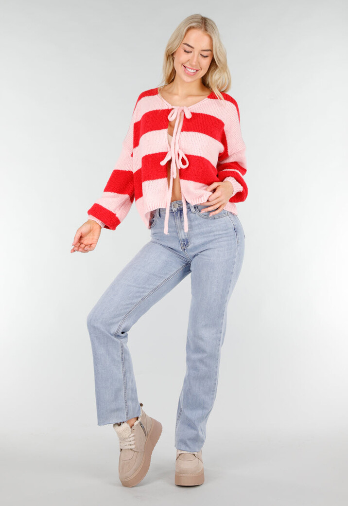 Roze Rood Gestreept Vest met Striksluiting en Losvallende Pasvorm