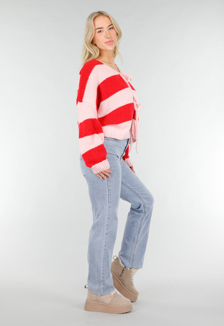Roze Rood Gestreept Vest met Striksluiting en Losvallende Pasvorm