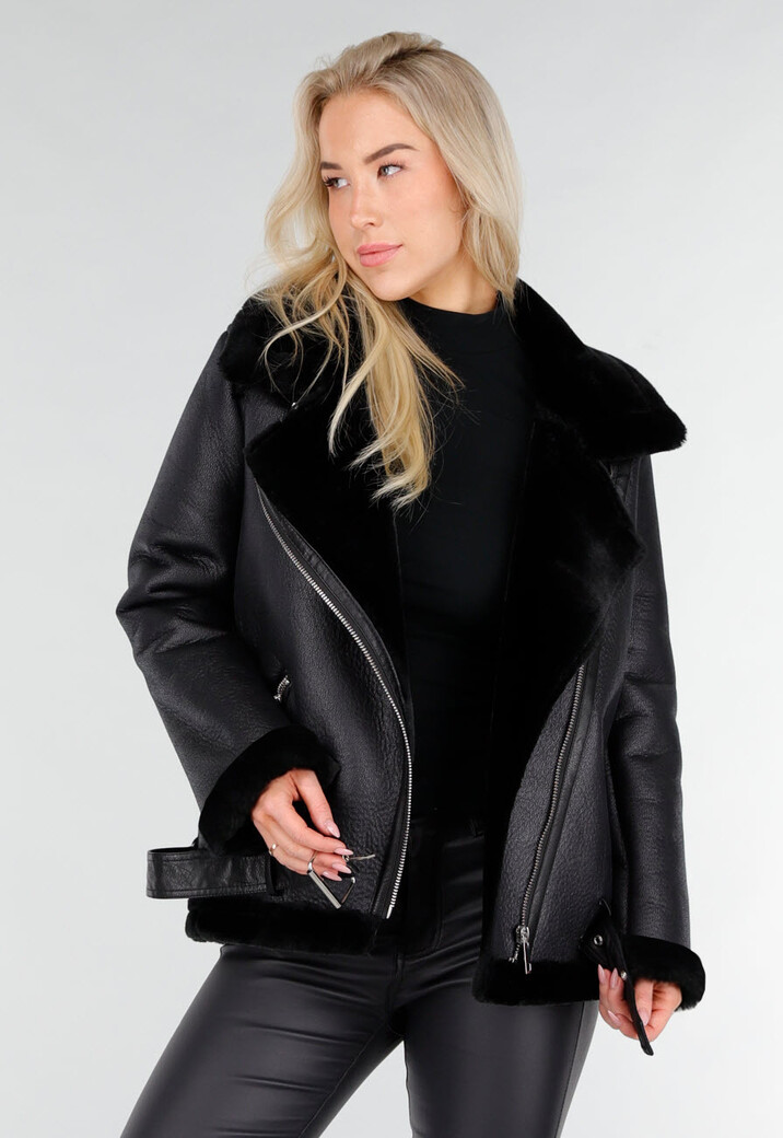 Zwarte Imitatie Leren Biker Jas met Faux Fur