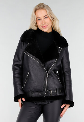 Zwarte Biker Jas met Faux Fur