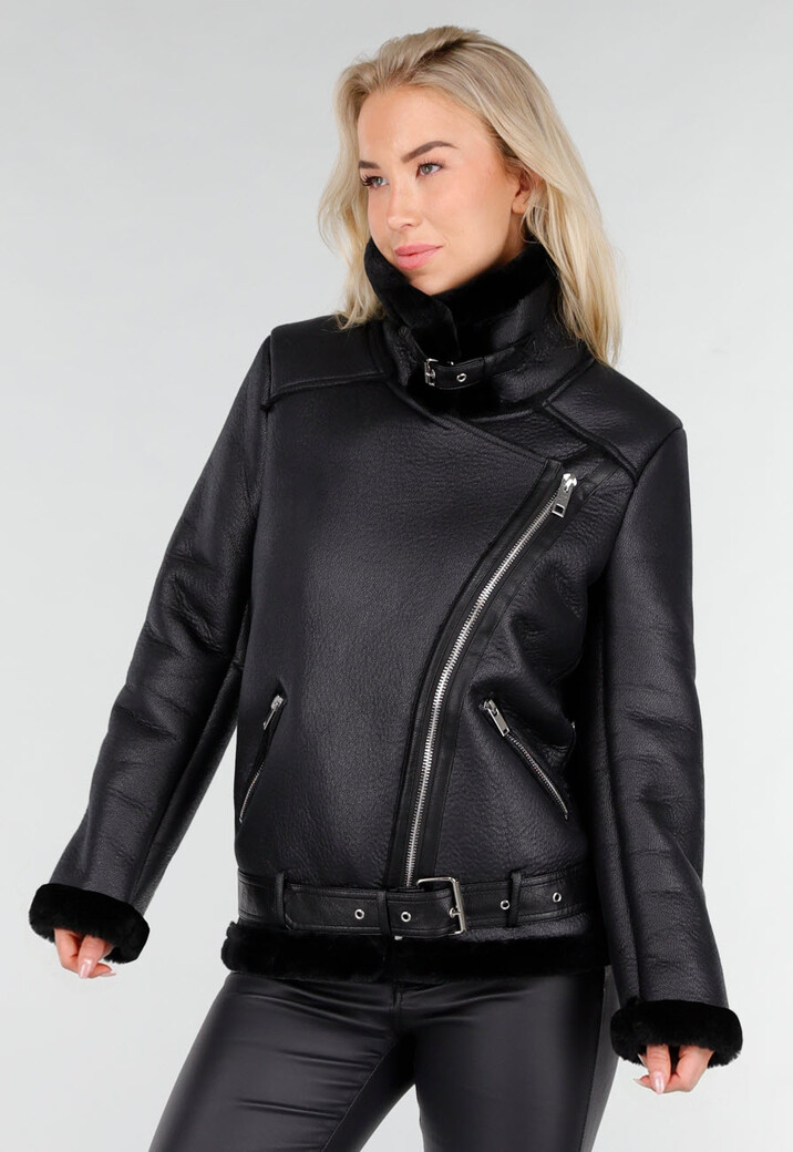 Zwarte Imitatie Leren Biker Jas met Faux Fur