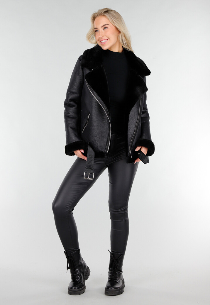 Zwarte Imitatie Leren Biker Jas met Faux Fur