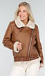 Bruine Imitatie Leren Biker Jas met Faux Fur