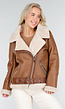 Bruine Imitatie Leren Biker Jas met Faux Fur