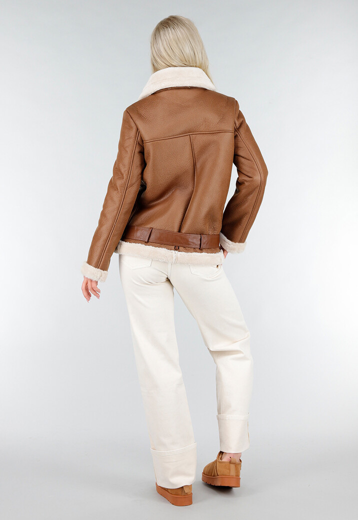 Bruine Imitatie Leren Biker Jas met Faux Fur