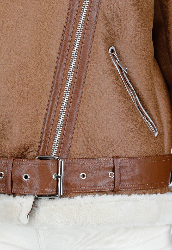 Bruine Imitatie Leren Biker Jas met Faux Fur