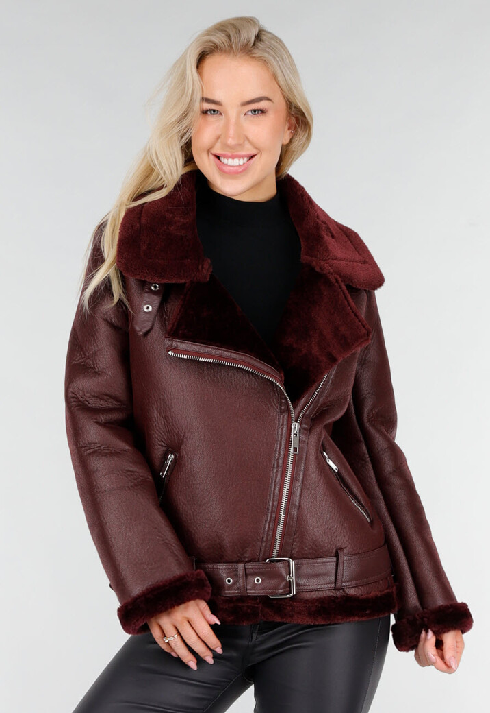 Bordeaux Rode Imitatie Leren Biker Jas met Faux Fur