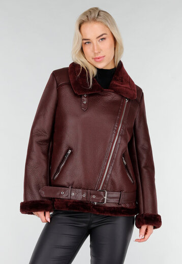 Bordeaux Biker Jas met Faux Fur
