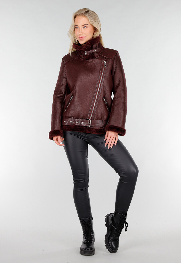 Bordeaux Rode Imitatie Leren Biker Jas met Faux Fur