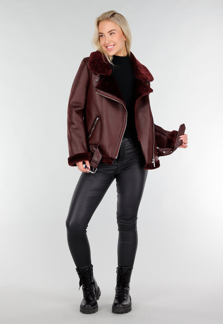 Bordeaux Rode Imitatie Leren Biker Jas met Faux Fur