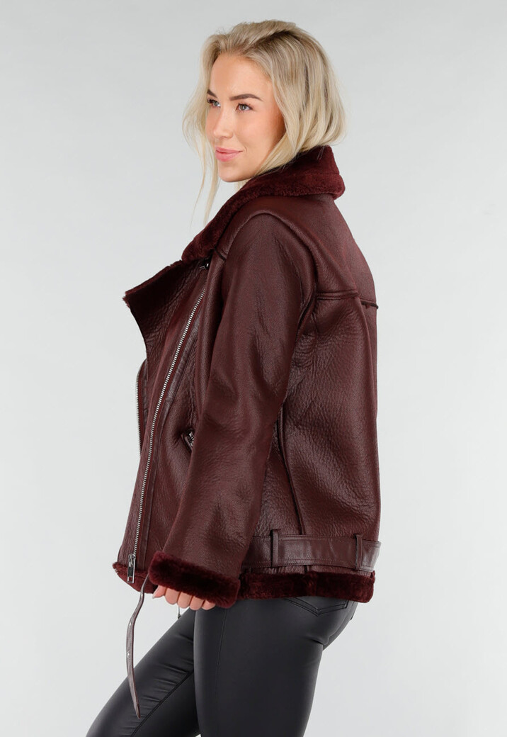 Bordeaux Rode Imitatie Leren Biker Jas met Faux Fur