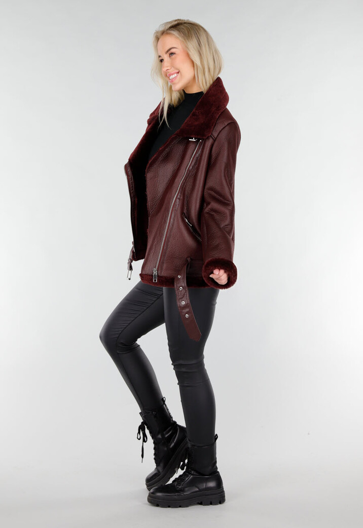 Bordeaux Rode Imitatie Leren Biker Jas met Faux Fur