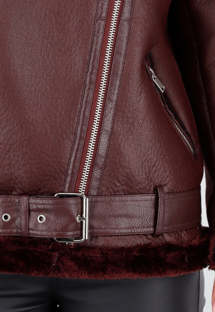 Bordeaux Rode Imitatie Leren Biker Jas met Faux Fur