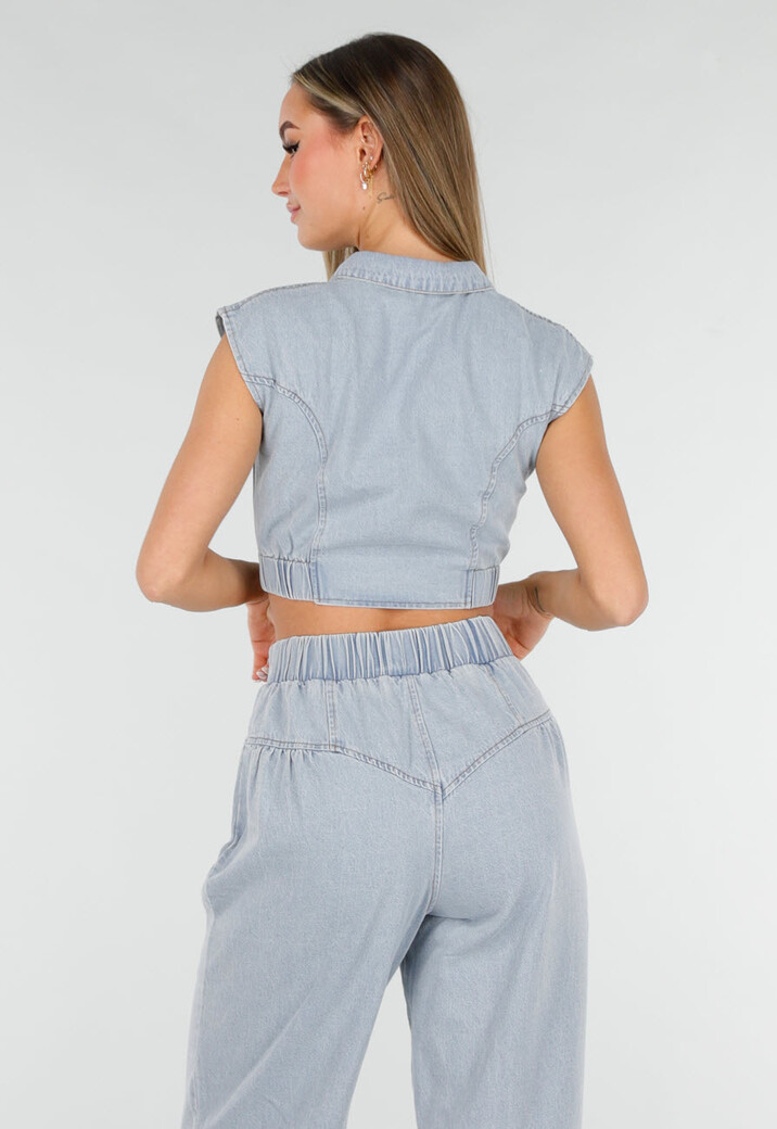 Blauwe Denim Set met Cropped Gilet en Broek