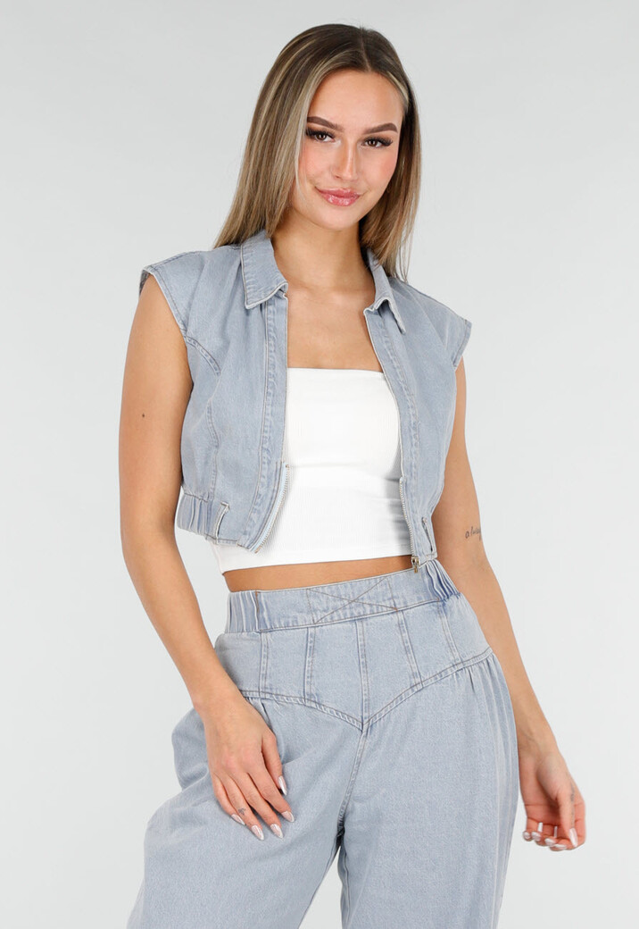 Blauwe Denim Set met Cropped Gilet en Broek