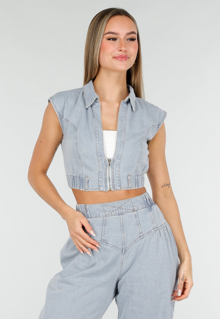Blauwe Denim Set met Cropped Gilet en Broek