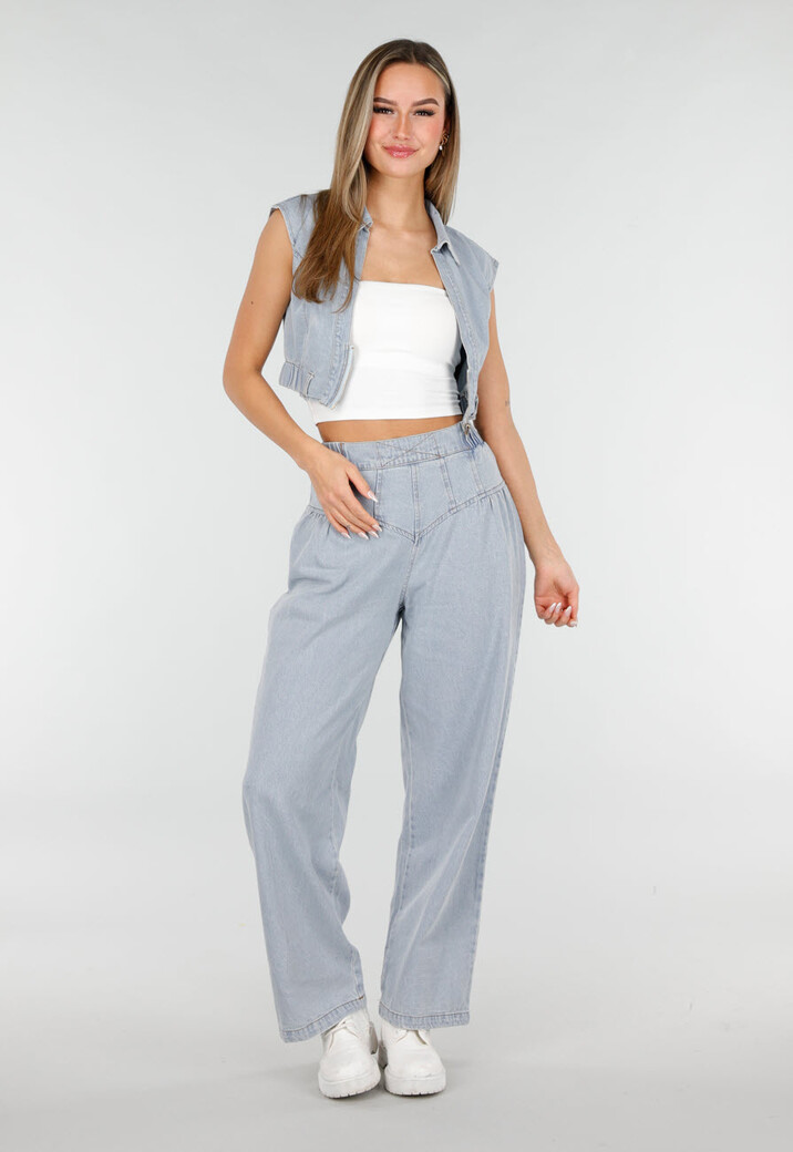 Blauwe Denim Set met Cropped Gilet en Broek