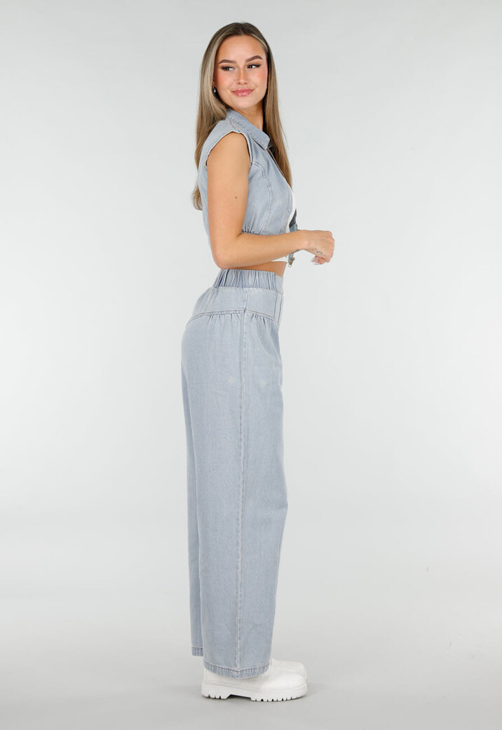 Blauwe Denim Set met Cropped Gilet en Broek