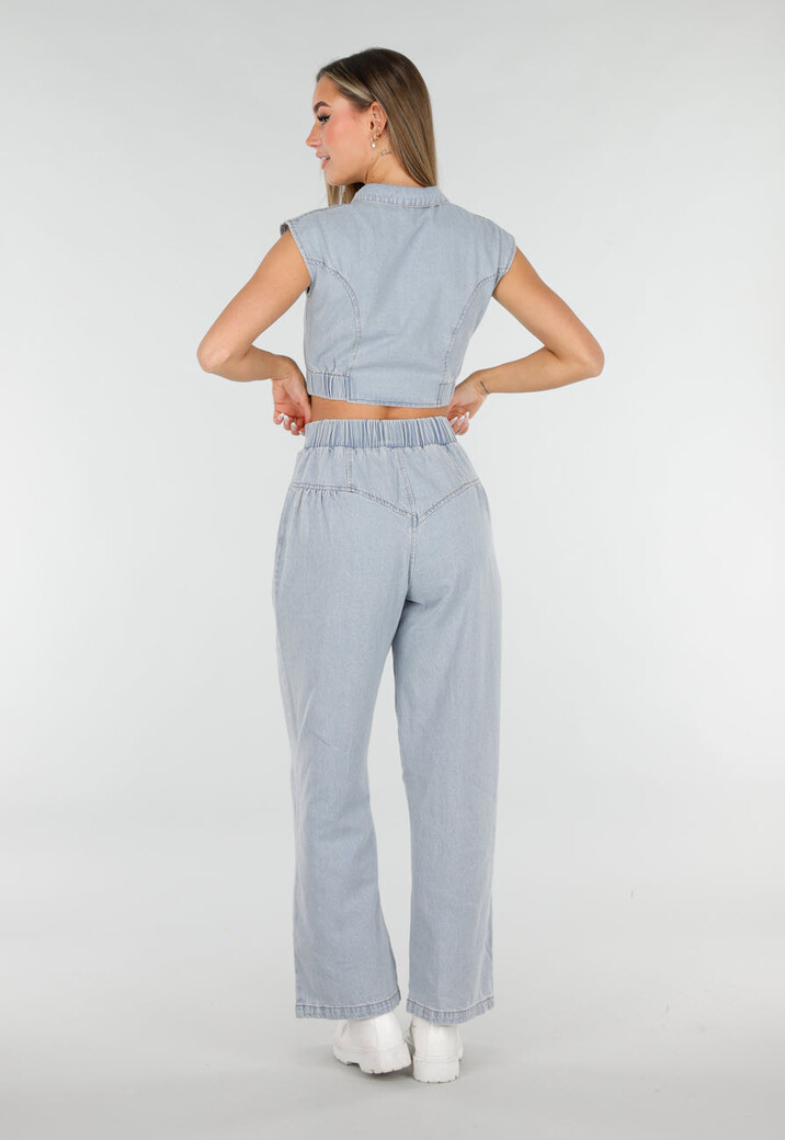 Blauwe Denim Set met Cropped Gilet en Broek