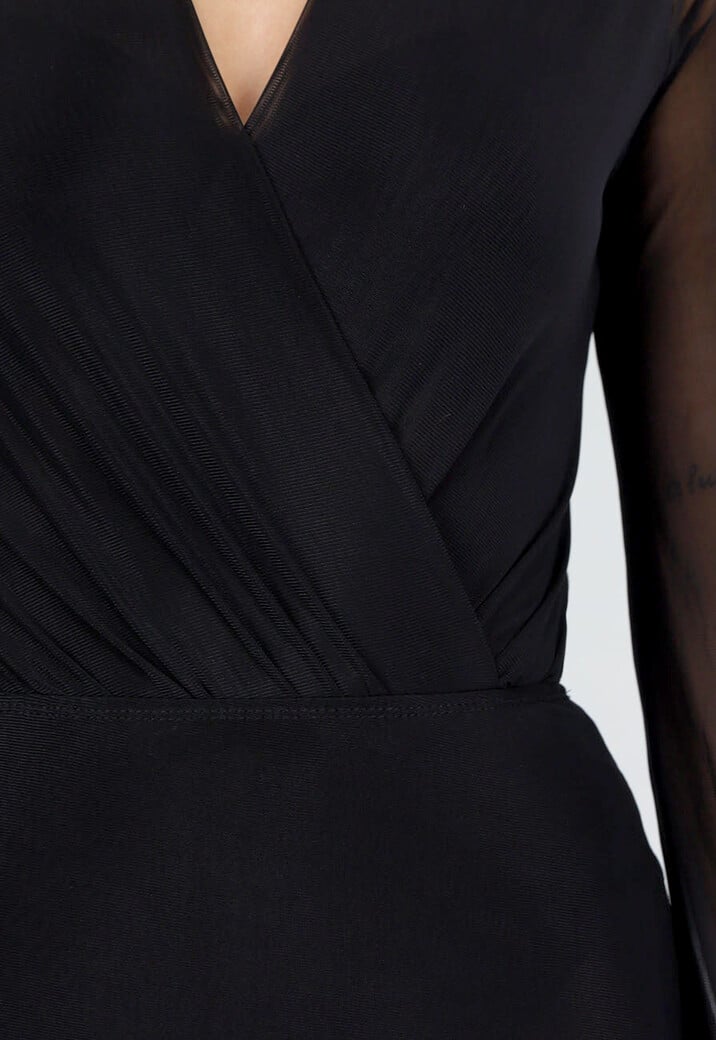 Zwarte Mesh Set met V Hals en Lange Mouwen